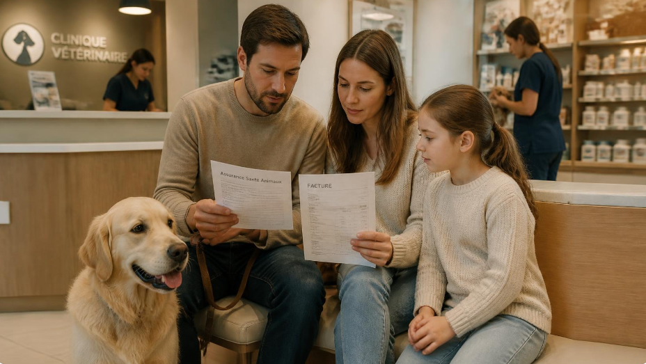 Photo professionnelle d'une famille française avec enfant et leur Labrador beige consultant des factures vétérinaires et documents d'assurance dans une clinique moderne aux tons naturels