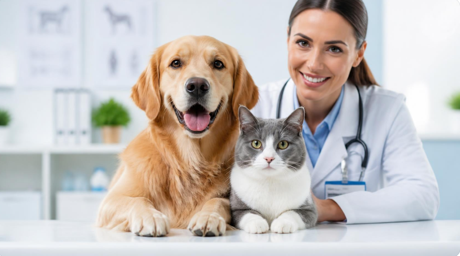 Chien et chat en bonne santé chez le vétérinaire - Assurance animaux pas cher 2026