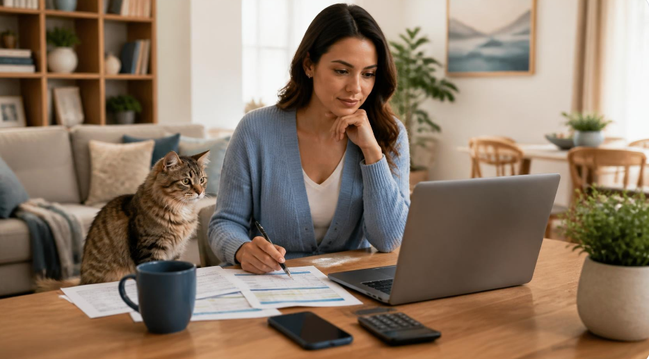Une propriétaire compare des offres d’assurance pour chat sur un ordinateur portable, avec son chat et des documents de devis sur la table.