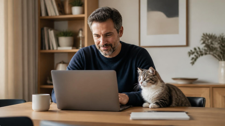 Un homme travaille sur un ordinateur portable à la maison pendant que son chat est posé sur la table à côté de lui.