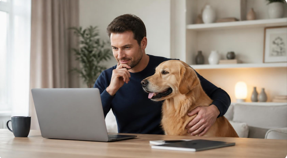 Un homme compare des offres d’assurance pour son chien sur un ordinateur portable, avec son chien à ses côtés dans un salon lumineux.