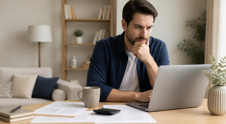 Un homme réfléchit devant son ordinateur portable en comparant des offres de mutuelle santé à domicile.