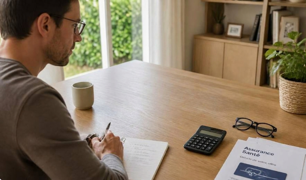 Photo réaliste d’un homme français comparant des offres de mutuelle santé sur un ordinateur portable, avec calculatrice, documents et carnet de notes sur un bureau en bois clair