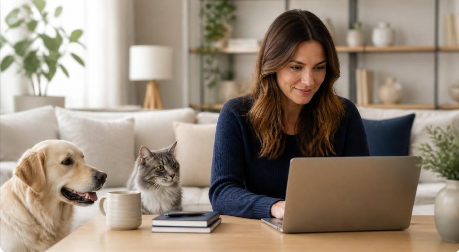 Une femme compare des offres de mutuelle pour animaux sur un ordinateur portable, avec un chien et un chat à ses côtés dans un salon lumineux.