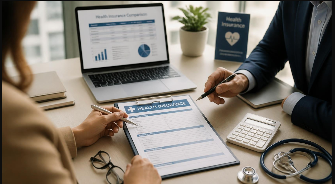 Photo professionnelle d'une consultation d'assurance santé avec conseiller et client analysant des documents de mutuelle sur ordinateur portable dans un bureau moderne aux tons beiges et taupe