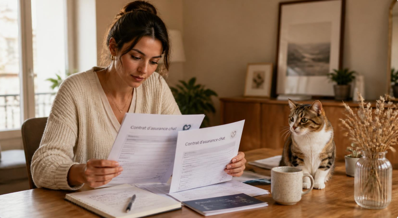 Photo réaliste d’une femme comparant plusieurs documents de mutuelle pour chat avec son chat posé sur la table dans un intérieur doux et naturel