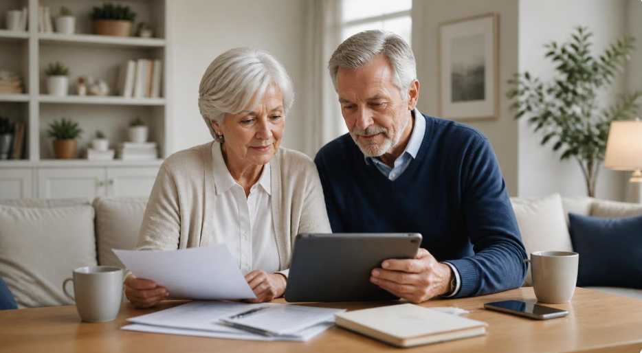 Un couple de seniors consulte une tablette avec des documents de mutuelle santé sur une table dans un intérieur lumineux.