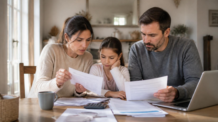 Photographie professionnelle d'une famille française avec enfant consultant ensemble des documents de complémentaire santé dans leur salon aux tons beiges et taupe