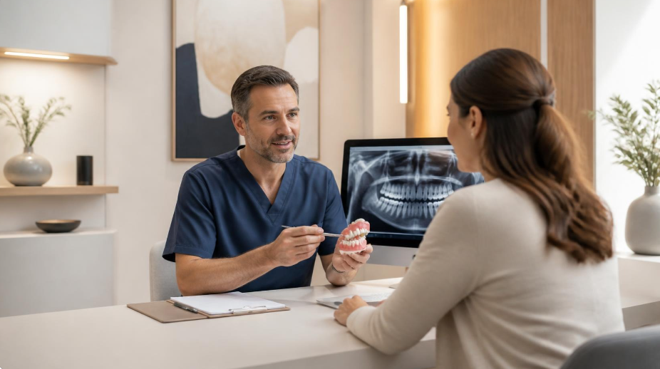 Un professionnel de santé montre une radiographie dentaire à une patiente lors d’un rendez-vous.