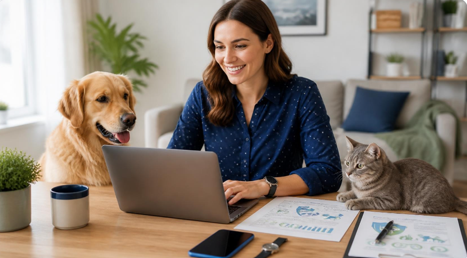 Une propriétaire compare des devis d’assurance pour animaux sur un ordinateur portable, avec un chien et un chat à ses côtés.