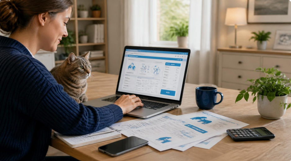 Une propriétaire compare un devis d’assurance chat sur un ordinateur portable, avec son chat, une calculatrice et des documents sur la table.