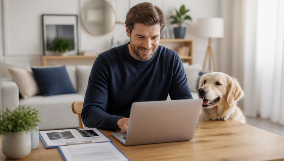 Une personne compare des devis de mutuelle pour chien sur un ordinateur portable, avec son chien à ses côtés dans un intérieur lumineux.