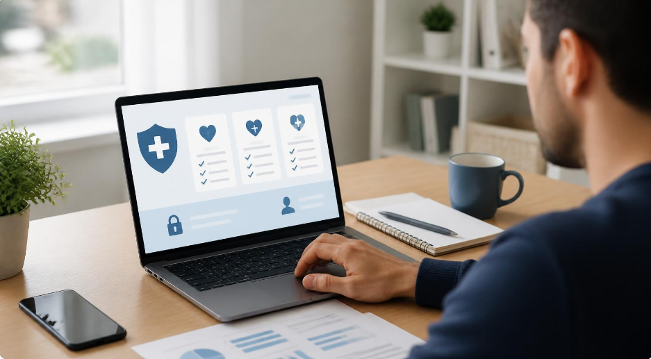 Une personne consulte un comparateur de mutuelle santé en ligne sur un ordinateur portable, avec un smartphone et des documents sur le bureau.