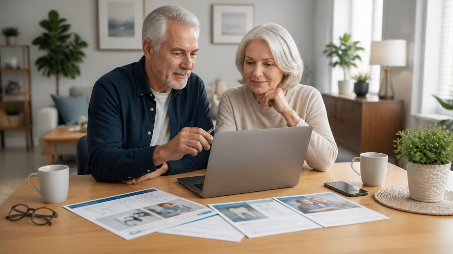Un couple de seniors compare des devis de mutuelle santé en ligne sur un ordinateur portable, avec des documents et des lunettes sur la table.