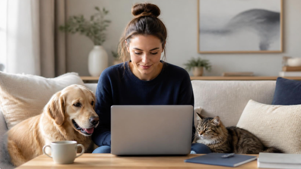 Une femme compare des offres de mutuelle animaux sur un ordinateur portable, avec un chien et un chat à ses côtés dans un salon moderne.