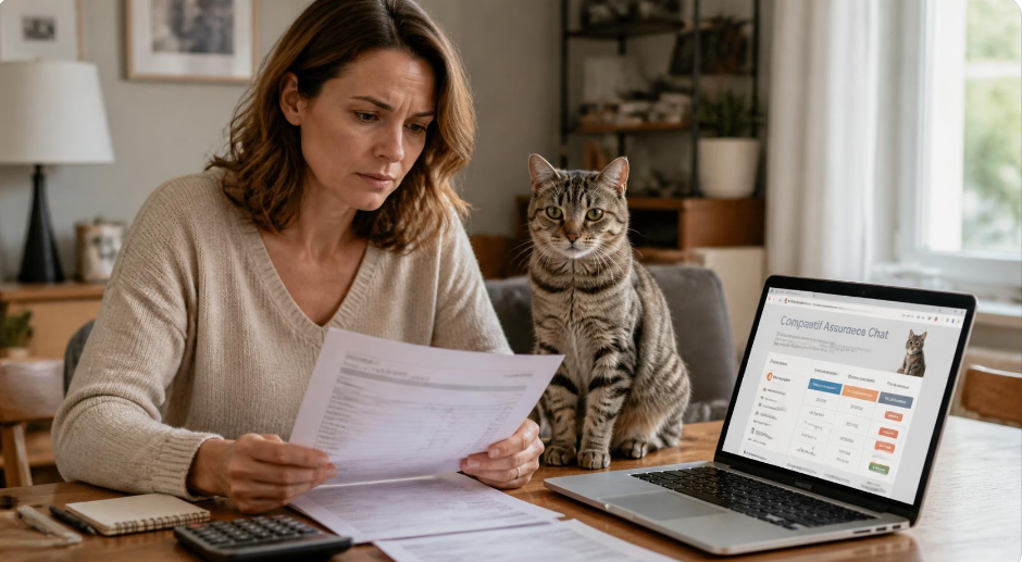 Photo professionnelle d'une femme française inquiète révisant des factures vétérinaires avec son chat tigré assis sur la table près d'un ordinateur portable affichant des comparatifs de mutuelles animales