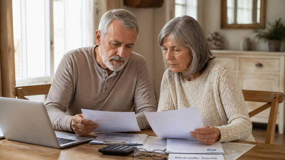 Photographie réaliste d'un couple de seniors français avec cheveux gris révisant des documents de complémentaire santé dans leur cuisine lumineuse aux tons beiges avec ordinateur portable