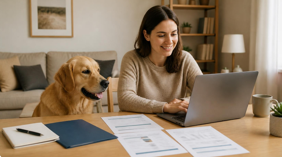 Une propriétaire compare des devis de mutuelle pour chien sur un ordinateur portable, avec son chien à ses côtés et des documents d’assurance sur la table.
