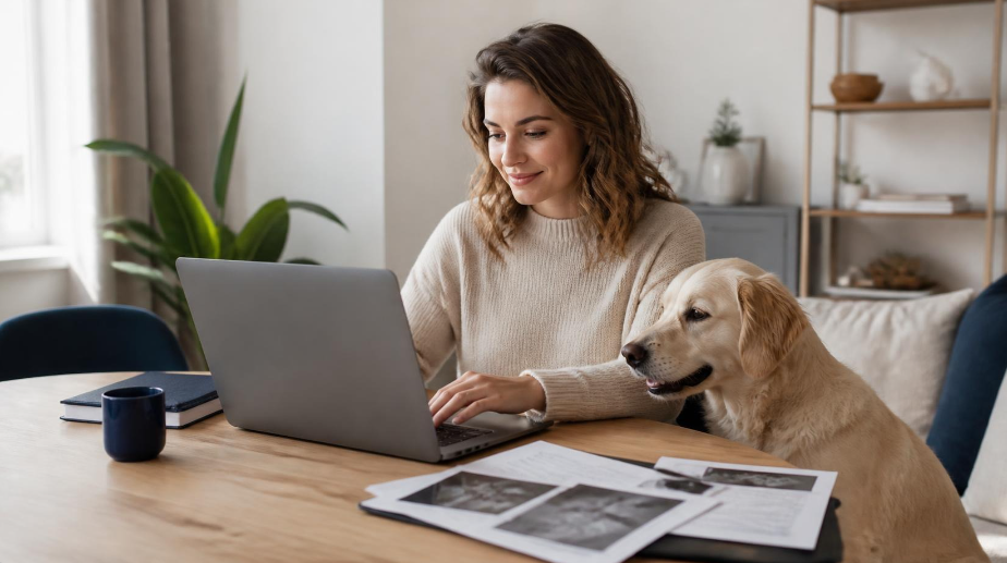 Une femme compare des offres de mutuelle pour chien sur un ordinateur portable, avec son chien à ses côtés dans un intérieur lumineux.