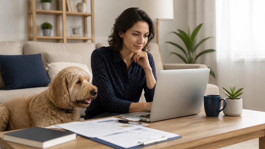 Une propriétaire compare des offres de mutuelle pour chien sur un ordinateur portable, avec son chien à ses côtés dans un intérieur lumineux.