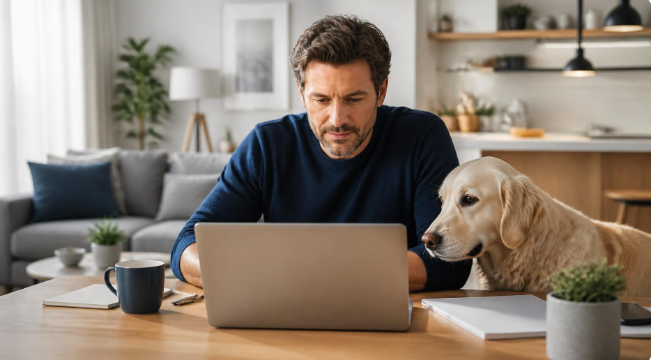 Un homme compare des offres de mutuelle pour chien sur un ordinateur portable, avec son chien à ses côtés dans un intérieur lumineux.