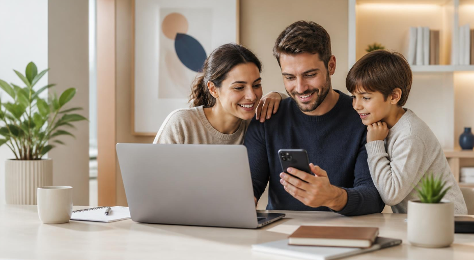 Une famille souriante consulte une mutuelle en ligne sur un ordinateur portable dans un salon moderne et lumineux.