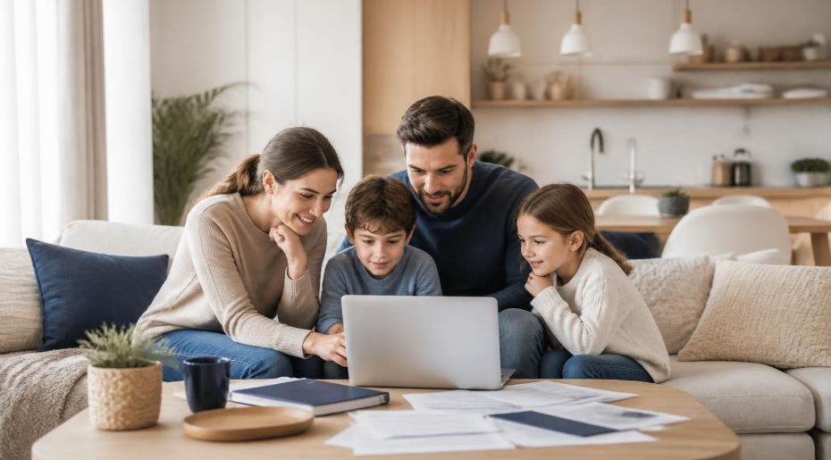 Une famille de quatre personnes compare des offres de mutuelle santé sur un ordinateur portable à la maison.
