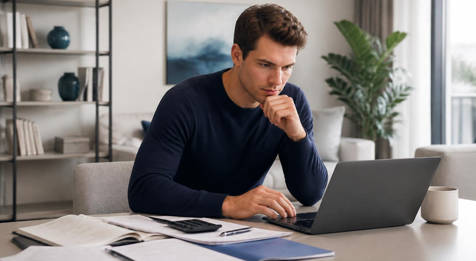 Un jeune homme consulte des offres de mutuelle santé sur un ordinateur portable dans un intérieur moderne et lumineux.