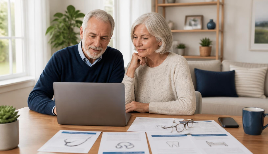 Un couple de seniors compare des offres de mutuelle santé sur un ordinateur portable, avec des documents, des lunettes et un téléphone sur la table.