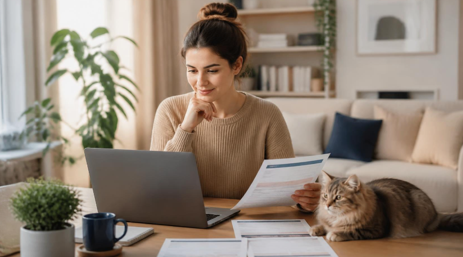 Une propriétaire compare des offres de mutuelle pour chat sur un ordinateur portable, avec son chat à ses côtés et des documents de devis sur la table.