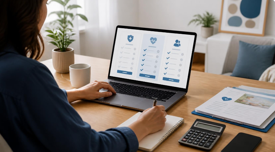 Une personne simule et compare des offres de mutuelle santé sur un ordinateur portable, avec une calculatrice et des documents administratifs sur le bureau.