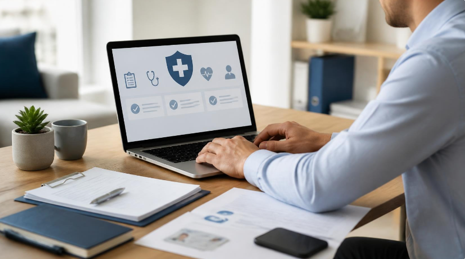 Une personne souscrit une mutuelle santé en ligne sur un ordinateur portable, entourée de documents administratifs et d’un téléphone.
