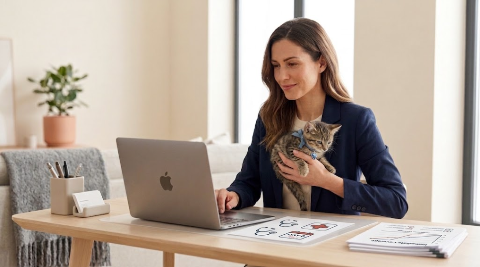 Une femme professionnelle en blazer bleu marine assise à son bureau, caressant doucement un chaton tigré endormi tout en travaillant sur un ordinateur portable MacBook. Sur le bureau, des documents de comparaison d'assurance avec des graphiques en barres colorés et des calculatrices sont visibles, suggérant une analyse détaillée. L'atmosphère est calme, sûre et digne de confiance, avec une lumière douce.
