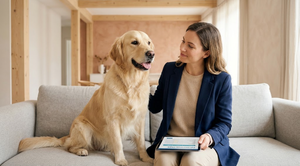 Femme et son Golden Retriever souriant dans un salon lumineux, illustrant la sérénité d'un chien bien assuré.