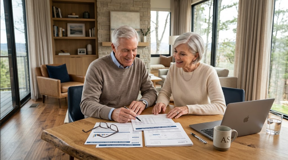Couple de seniors souriants analysant un contrat de mutuelle santé et un devis de remboursement 2026.