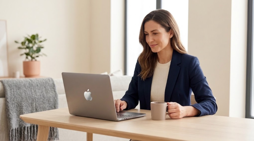 Femme sereine consultant un devis de mutuelle santé en ligne sur son ordinateur portable dans un intérieur lumineux.