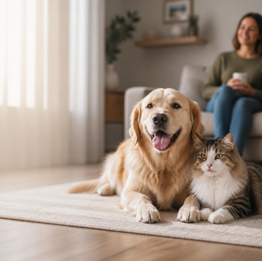 Chien et chat domestiques assis côte à côte dans un intérieur chaleureux, avec leur propriétaire en arrière-plan.