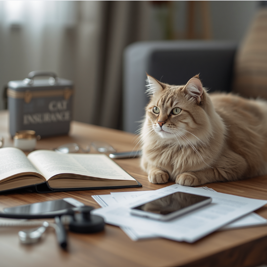 Chat domestique assis sur une table en bois, entouré de documents, d’un carnet et d’un smartphone pour illustrer la comparaison des assurances chat.