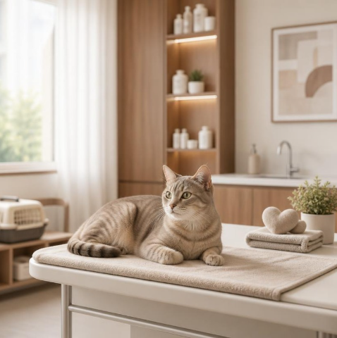« Chat domestique installé confortablement dans un intérieur lumineux aux tons beige, taupe et bois chaleureux »