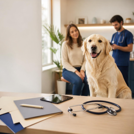 Chien souriant dans un cabinet vétérinaire, entouré de ses propriétaires, avec un stéthoscope et des documents sur une table.