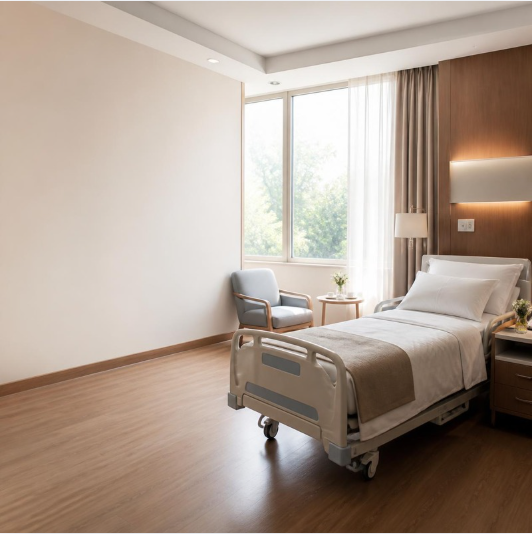 Chambre individuelle d’hôpital moderne, lumineuse et confortable, avec un fauteuil visiteur et une fenêtre.