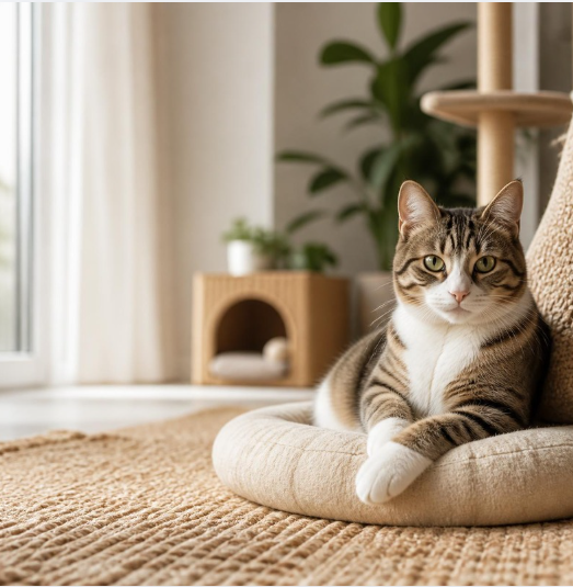 Chat domestique assis sur un coussin dans un intérieur lumineux et chaleureux.
