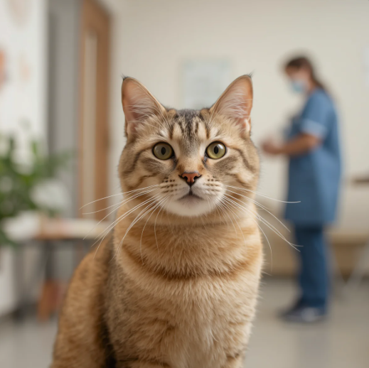 Chat domestique assis dans une clinique vétérinaire, avec un vétérinaire flou en arrière-plan, pour illustrer une mutuelle chat sans carence.