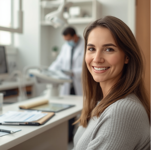 Femme souriante dans un cabinet dentaire moderne, avec un dentiste en arrière-plan, illustrant la mutuelle dentaire et l’accès aux soins.