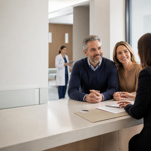 Couple échangeant avec une conseillère dans un accueil hospitalier moderne, avec un professionnel de santé en arrière-plan.