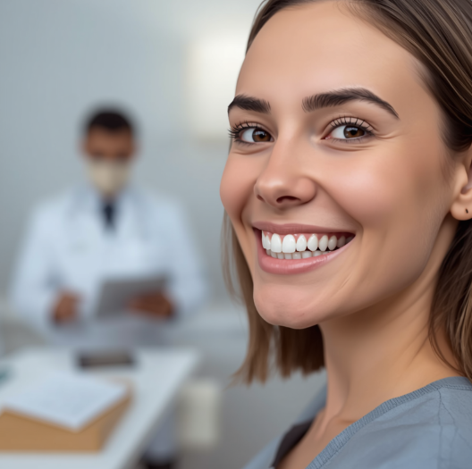 Femme souriante dans un cabinet dentaire moderne, avec un dentiste flou en arrière-plan, illustrant le remboursement des implants dentaires.