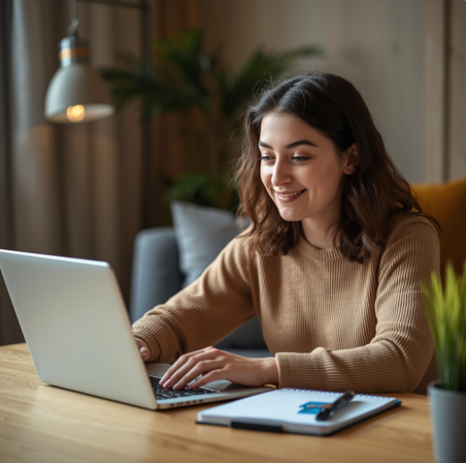 Jeune femme consultant un ordinateur portable à son bureau pour comparer une mutuelle santé adaptée à son budget.