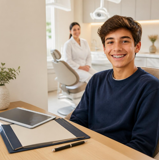 Adolescent souriant dans un cabinet d’orthodontie moderne, avec un orthodontiste en arrière-plan, illustrant la prise en charge des soins orthodontiques.