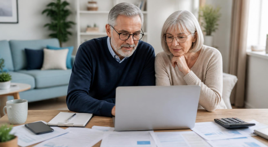 Un couple de retraités compare des offres de mutuelle santé sur un ordinateur portable, avec des documents et une calculatrice sur la table.