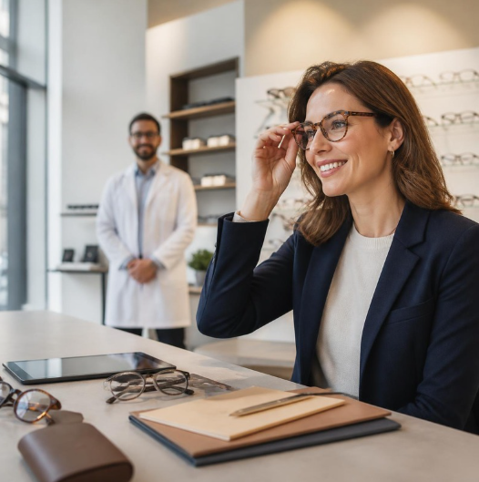 Femme essayant une paire de lunettes chez un opticien, avec des montures et des documents sur le comptoir.